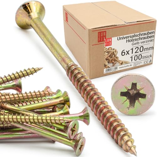 LUN FIX Universalschraube 6,0x120 mm - 100 Stück |Kreuzschlitz PZ3 | Senkkopf | Holzschrauben | GelbVerzinkt | Mehrzweckschrauben| Kreuzschlitzschrauben von Lun Fix