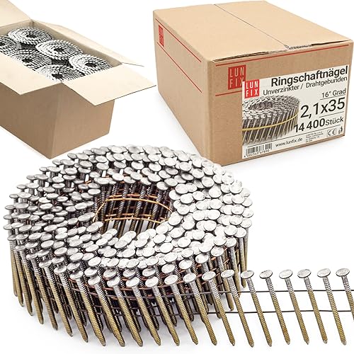 Lun Fix 16° Grad Ring Drahtgebundene Coilnägel 2,1 x 35 mm | Packung 14400 Stück | Ringschaftnägel | Gasnagler | Akku-Nagler | Blank Nägel | Ringschaft | für Druckluftnagler | Unverzinkt | Spule. von Lun Fix