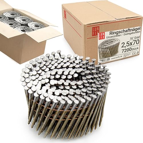 Lun Fix 16° Grad Ring Drahtgebundene Coilnägel 2,5 x 70 mm | Packung 7200 Stück | Ringschaftnägel | Gasnagler | Akku-Nagler | Blank Nägel | Ringschaft | für Druckluftnagler | Unverzinkt | Spule. von Lun Fix