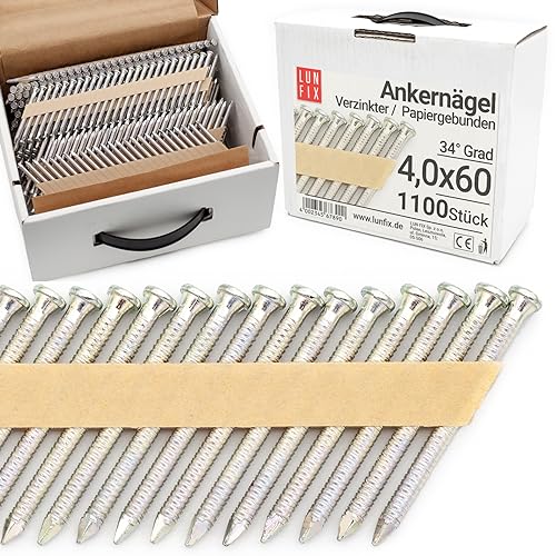 Lun Fix 34° Grad Ankernägel 4,0 x 60 mm | Packung 1100 Stück | Akku-Nagler |Gasnagler| Papiergebunden | für Druckluftnagler | Verzinkt. von Lun Fix