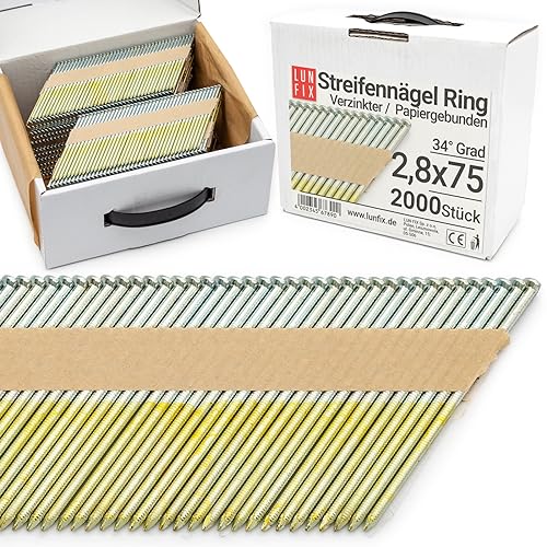 Lun Fix 34° Grad Ringschaftnägel 2,8 x 75 mm | Packung 2000 Stück | D-kopf-Nägel für Akku-Nagler | Gasnagler | Papiergebunden | für Druckluftnagler | Extra Verzinkt. von Lun Fix