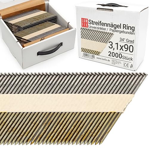 Lun Fix 34° Grad Ringschaftnägel 3,1 x 90 mm | Packung 2000 Stück | D-kopf-Nägel für Akku-Nagler | Gasnagler| Papiergebunden Blank Nägel | für Druckluftnagler | Unverzinkt. von Lun Fix