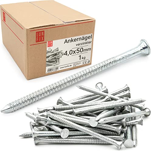 Ankernägel 4,0 x 50 mm - 1kg (ca. 185 stk.) Holznägel für Bauarbeiten verzinkter Baunägel Rillennagel 50mm lang Drahtstifte Nägel Flachkopf für Tischlerarbeiten, Dachkonstruktionen, Zimmerleute Ankernägel 4,0 x 50 mm - 1kg (ca. 185 stk.) Holznägel für Bauarbeiten verzinkter Baunägel Rillennagel 50mm lang Drahtstifte Nägel Flachkopf für Tischlerarbeiten, Dachkonstruktionen, Zimmerleute von Lun Fix