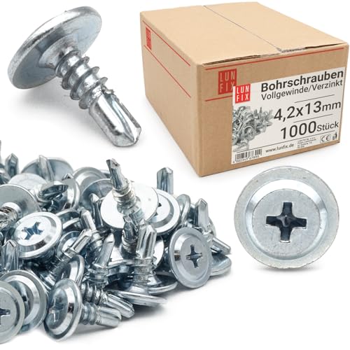 Lun Fix Bohrschrauben 4,2 x 13 mm | 1000 Stk. | Selbstbohrende, Selbstschneidende schrauben, mit Großer gewölbter Kopf, Blechschrauben selbstschneidend, Kreuzschlitz, Tellerkopf, Metallschrauben von Lun Fix