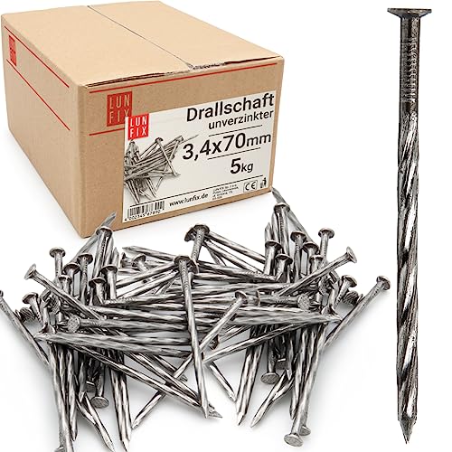 Lun Fix Drallschaft 3,4 x 70 mm - 5kg | Holznägel für Bauarbeiten | Unverzinkter Baunägel | 70 mm lang | Drahtstifte Nägel Flachkopf für Tischlerarbeiten, Zimmerleute. von Lun Fix