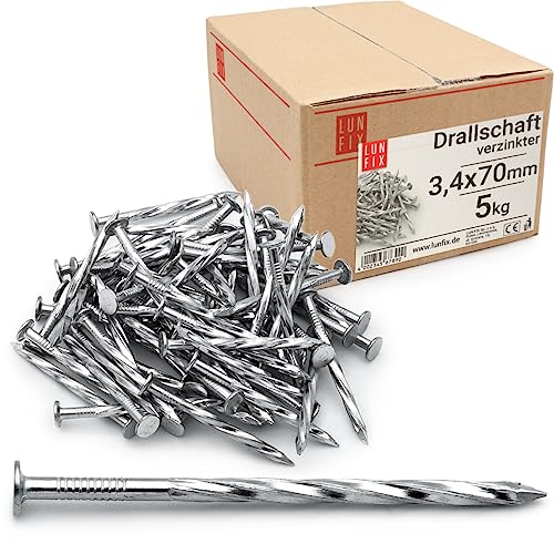 Lun Fix Drallschaft 3,4 x 70 mm - 5kg | Holznägel für Bauarbeiten | verzinkter Baunägel | 70 mm lang | Drahtstifte Nägel Flachkopf für Tischlerarbeiten, Dachkonstruktionen, Zimmerleute von Lun Fix