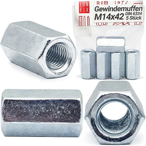 5x Gewindemuffe M14 x 42mm DIN 6334 Sechskant Langmutter 5 Stück verzinkter Stahl Distanzmutter Lange Verbindungsmutter Distanzmuffe für Gewindestangen von Lun Fix