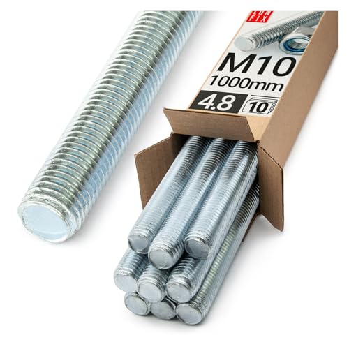 Lun Fix Gewindestange M10 x 1000 mm, 10 Stück Festigkeitsklasse 4.8 DIN 975 verzinkter Stahl, Karbonstahl Gewindestab mit metrischem Vollgewinde Metrisch Gewindestift nach Normen Länge 1 m. von Lun Fix