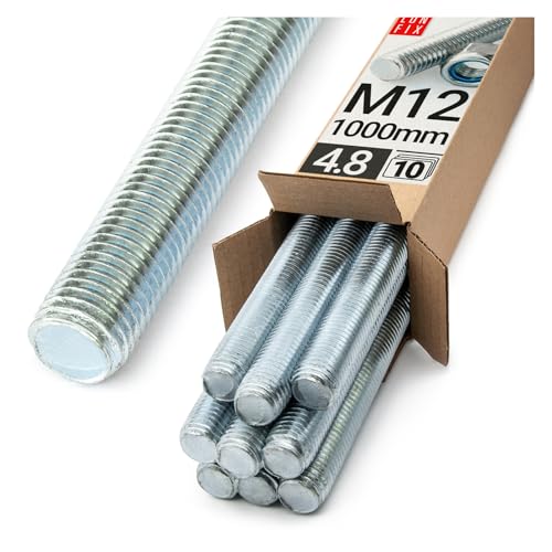 Lun Fix Gewindestange M12 x 1000 mm 10 Stück |4.8 Stahl DIN 976| Gewindestab | Gewindestift | stockschrauben M12 | metrisches Gewinde | Industrie Befestigung Langgewinde Montage Metall von Lun Fix