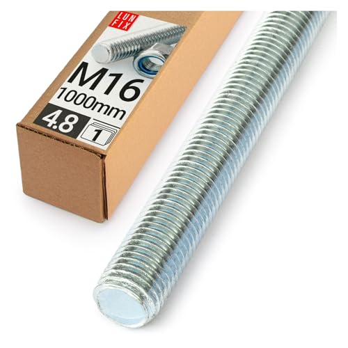 Lun Fix Gewindestange M16 x 1000 mm, 1 Stück Festigkeitsklasse 4.8 DIN 975 verzinkter Stahl, Karbonstahl Gewindestab mit metrischem Vollgewinde Metrisch Gewindestift nach Normen Länge 1 m. von Lun Fix