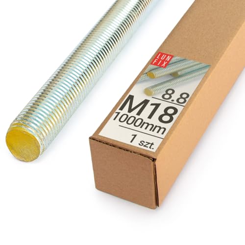 Lun Fix Gewindestange M18 x 1000 mm, 1 Stück Festigkeitsklasse 8.8 DIN 975 verzinkter Stahl, Karbonstahl Gewindestab mit metrischem Vollgewinde Metrisch Gewindestift nach Normen 60° Länge 1 m. Lun Fix Gewindestange M18 x 1000 mm, 1 Stück Festigkeitsklasse 8.8 DIN 975 verzinkter Stahl, Karbonstahl Gewindestab mit metrischem Vollgewinde Metrisch Gewindestift nach Normen 60° Länge 1 m. von Lun Fix