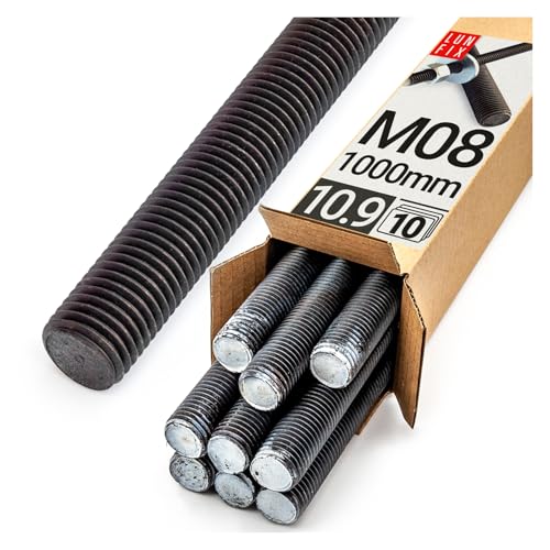 Lun Fix Gewindestange M8 x 1000 mm 10 Stück |10.9 Stahl DIN 976| Gewindestab | Gewindestift | stockschrauben M8 | metrisches Gewinde | Industrie Befestigung Langgewinde Montage Metall von Lun Fix