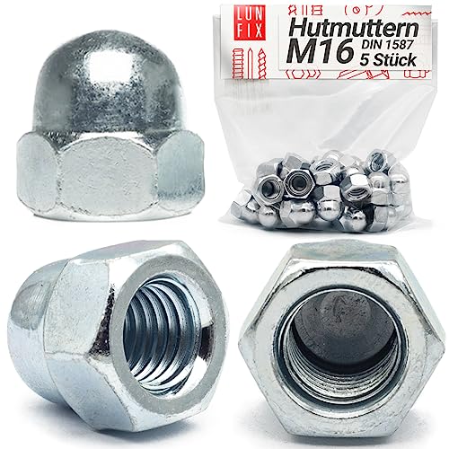 Lun Fix Hutmuttern M16 |5 Stück| DIN 1587 Sechskant hohe Form, Metrisches Innengewinde, verzinkter Stahl, Abdeckmuttern für Gewindebolzen, Kappenmuttern für Gewindestangen von Lun Fix