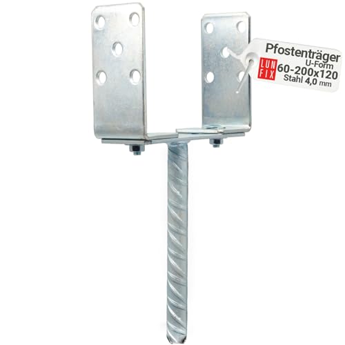 Lun Fix Pfostenträger zum Einbetonieren U-Form Auflage 200 x 60 x 4mm - 1 Stück - Fest Bodenhülse Stahl Anker - Pfostenhalterung Korrosionsbeständig - Feuerverzinkter Stahl - für Zaunpfosten von Lun Fix