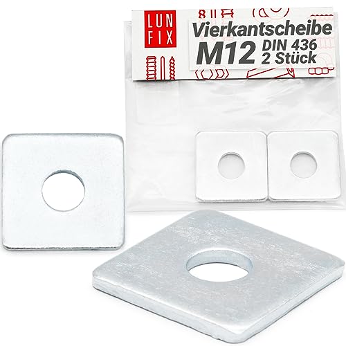 Lun Fix Quadratische Unterlegscheibe M12 40x40x3,5mm - DIN 436|2 Stck.|Vierkantscheibe verzinkter Stahl, Flache Vierkantscheiben für Bolzen Gewindestangen,Rechteckige Unterlegscheiben mit Rundem Loch von Lun Fix