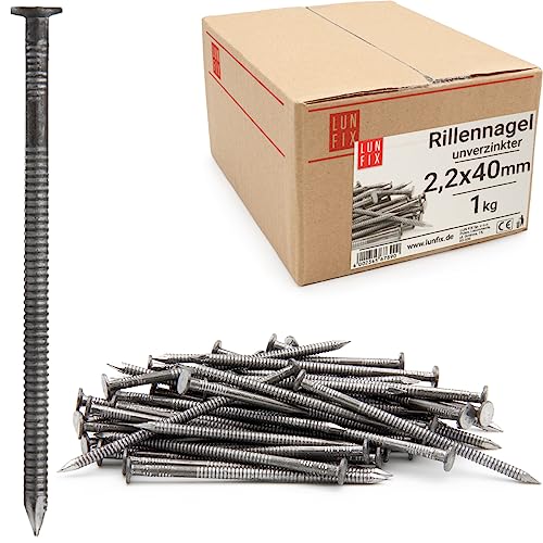 Lun Fix Rillennagel 2,2 x 40 mm - 1kg | Holznägel für Bauarbeiten | unverzinkter Baunägel | 40 mm lang | Drahtstifte Nägel Flachkopf für Tischlerarbeiten, Dachkonstruktionen, Zimmerleute von Lun Fix