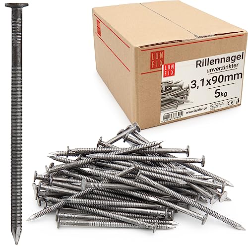 Lun Fix Rillennagel 3,1 x 90 mm - 5kg | Holznägel für Bauarbeiten | Unverzinkter Baunägel | 90 mm lang | Drahtstifte Nägel Flachkopf für Tischlerarbeiten, Dachkonstruktionen, Zimmerleute von Lun Fix