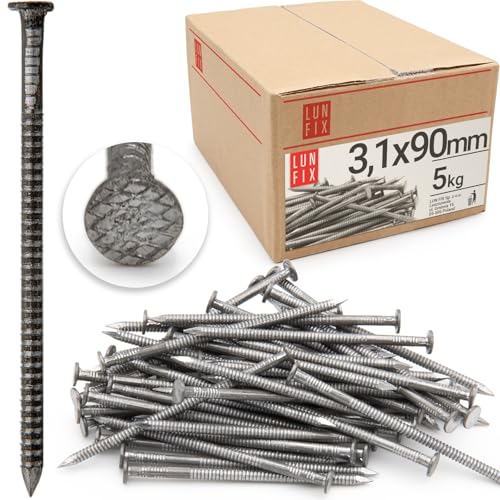 Lun Fix Rillennagel 3,1 x 90 mm - 5kg | Holznägel für Bauarbeiten | Unverzinkter Baunägel | 90 mm lang | Drahtstifte Nägel Flachkopf für Tischlerarbeiten, Dachkonstruktionen, Zimmerleute von Lun Fix