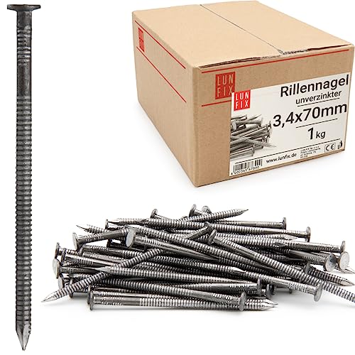 Lun Fix Rillennagel 3,4 x 70 mm - 1kg | Holznägel für Bauarbeiten | Unverzinkter Baunägel | 70 mm lang | Drahtstifte Nägel Flachkopf für Tischlerarbeiten, Dachkonstruktionen, Zimmerleute von Lun Fix