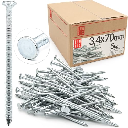 Lun Fix Rillennagel 3,4 x 70 mm - 5kg | Holznägel für Bauarbeiten | verzinkter Baunägel | 70 mm lang | Drahtstifte Nägel Flachkopf für Tischlerarbeiten, Dachkonstruktionen, Zimmerleute Lun Fix Rillennagel 3,4 x 70 mm - 5kg | Holznägel für Bauarbeiten | verzinkter Baunägel | 70 mm lang | Drahtstifte Nägel Flachkopf für Tischlerarbeiten, Dachkonstruktionen, Zimmerleute von Lun Fix