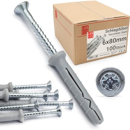 Lun Fix Schlagdübel 6,0x80mm -Nageldübel 100 Stük - Dübel Schraube - Rahmendübel - Schnellmontage Dübel - Schlagschraube - Senkkopf Lun Fix Schlagdübel 6,0x80mm -Nageldübel 100 Stük - Dübel Schraube - Rahmendübel - Schnellmontage Dübel - Schlagschraube - Senkkopf von Lun Fix