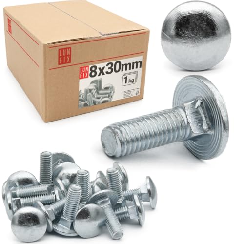 Lun Fix - Schlossschrauben mit Vierkantansatz - M8x30-1 kg (58 Stück) – Flachrundschrauben – Vollgewinde – Torbandschrauben - Pilzkopfschrauben – Verzinkt Stahl von Lun Fix