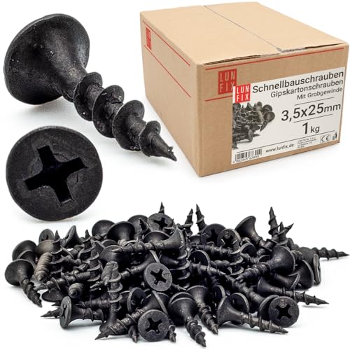 Lun Fix Schnellbauschrauben 3,5 x 25 mm 1Kg - 735 Stück |Trockenbauschrauben Mit Grobgewinde |Gipskartonschrauben |Schwarz Rigipsschrauben für Gipskartonplatten |Gipsplattenschrauben, Schnellschrauben von Lun Fix