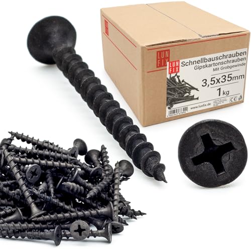 Lun Fix Schnellbauschrauben 3,5 x 35 mm 1Kg - 560 Stück |Trockenbauschrauben Mit Grobgewinde |Gipskartonschrauben |Schwarz Rigipsschrauben für Gipskartonplatten |Gipsplattenschrauben, Schnellschrauben Lun Fix Schnellbauschrauben 3,5 x 35 mm 1Kg - 560 Stück |Trockenbauschrauben Mit Grobgewinde |Gipskartonschrauben |Schwarz Rigipsschrauben für Gipskartonplatten |Gipsplattenschrauben, Schnellschrauben von Lun Fix