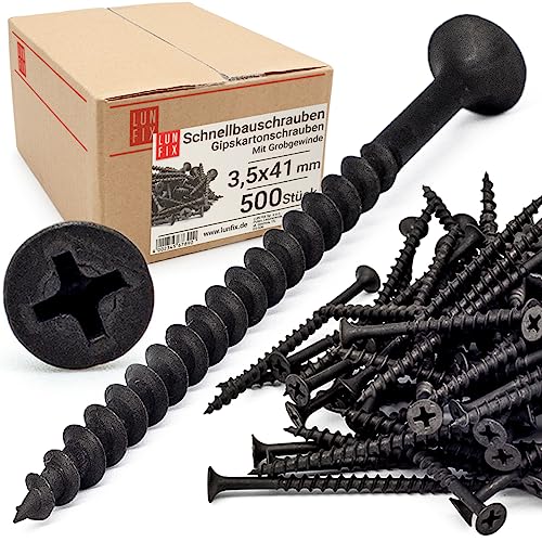 Lun Fix Schnellbauschrauben 3,5 x 41 mm 500 Stück | Trockenbauschrauben Mit Grobgewinde | Gipskartonschrauben | Schwarz Rigipsschrauben für Gipskartonplatten | Gipsplattenschrauben, Schnellschrauben von Lun Fix