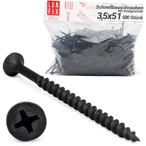 Lun Fix Schnellbauschrauben 3,5 x 51 mm (500 Stück) | Trockenbauschrauben Mit Grobgewinde | Gipskartonschrauben | Schwarz Rigipsschrauben für Gipskartonplatten, Gipsplattenschrauben, Schnellschrauben von Lun Fix