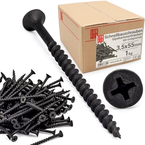 Lun Fix Schnellbauschrauben 3,5 x 55 mm 1Kg - 365 Stück |Trockenbauschrauben Mit Grobgewinde |Gipskartonschrauben |Schwarz Rigipsschrauben für Gipskartonplatten |Gipsplattenschrauben, Schnellschrauben von Lun Fix