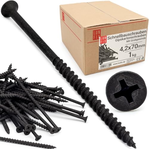 Lun Fix Schnellbauschrauben 4,2 x 70 mm 1Kg - 210 Stück |Trockenbauschrauben Mit Grobgewinde |Gipskartonschrauben |Schwarz Rigipsschrauben für Gipskartonplatten |Gipsplattenschrauben, Schnellschrauben von Lun Fix