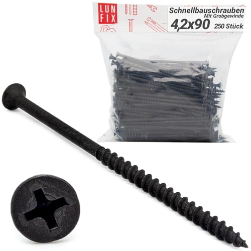 Lun Fix Schnellbauschrauben 4,2 x 90 mm (250 Stück) | Trockenbauschrauben Mit Grobgewinde | Gipskartonschrauben | Schwarz Rigipsschrauben für Gipskartonplatten | Gipsplattenschrauben, Schnellschrauben von Lun Fix