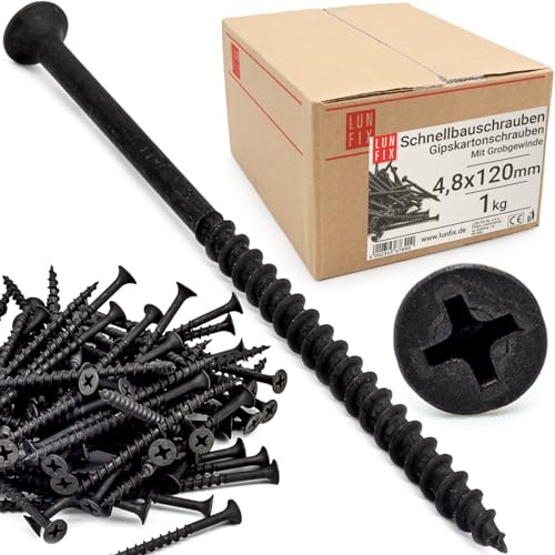 Lun Fix Schnellbauschrauben 4,8 x 120 mm 1Kg - 95 Stück |Trockenbauschrauben Mit Grobgewinde |Gipskartonschrauben |Schwarz Rigipsschrauben für Gipskartonplatten |Gipsplattenschrauben, Schnellschrauben Lun Fix Schnellbauschrauben 4,8 x 120 mm 1Kg - 95 Stück |Trockenbauschrauben Mit Grobgewinde |Gipskartonschrauben |Schwarz Rigipsschrauben für Gipskartonplatten |Gipsplattenschrauben, Schnellschrauben von Lun Fix