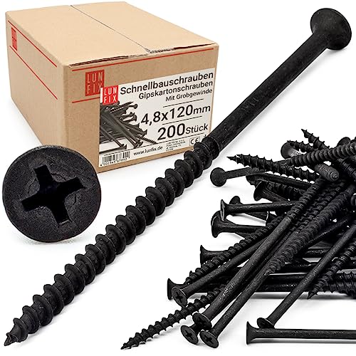 Lun Fix Schnellbauschrauben 4,8 x 120 mm 200 Stück | Trockenbauschrauben Mit Grobgewinde | Gipskartonschrauben | Schwarz Rigipsschrauben für Gipskartonplatten | Gipsplattenschrauben, Schnellschrauben von Lun Fix