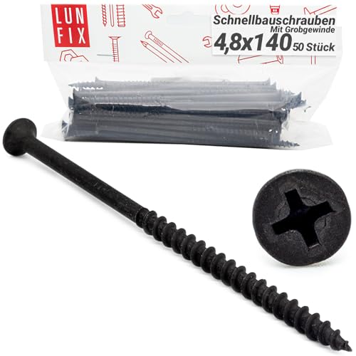 Lun Fix Schnellbauschrauben 4,8x140 (50 Stück) | Trockenbauschrauben Mit Grobgewinde | Gipskartonschrauben | Schwarz Rigipsschrauben für Gipskartonplatten, Gipsplattenschrauben, Schnellschrauben von Lun Fix