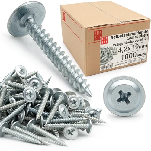 Lun Fix Selbstschneidende 4,2 x 19 mm | 1000 Stück |verzinkter Stahl, Holzschrauben, mit Großer gewölbter Kopf, Blechschrauben,mit Kreuzschlitz,Tellerkopf Metallschrauben,Kreuzschlitzschraube von Lun Fix