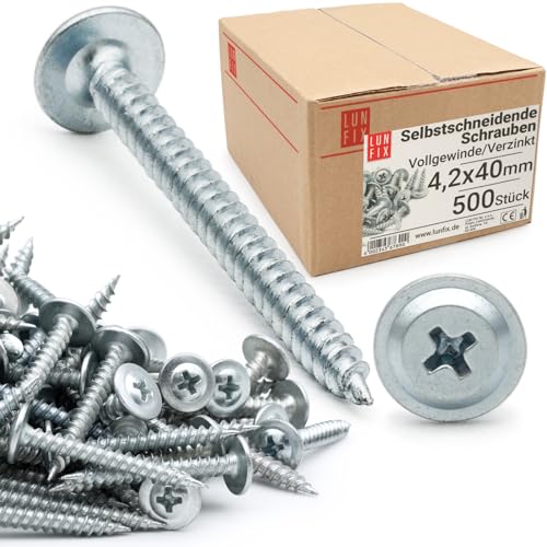 Lun Fix Selbstschneidende 4,2 x 40 mm | 500 Stück |verzinkter Stahl, Holzschrauben, mit Großer gewölbter Kopf, Blechschrauben,mit Kreuzschlitz,Tellerkopf Metallschrauben,Kreuzschlitzschraube von Lun Fix