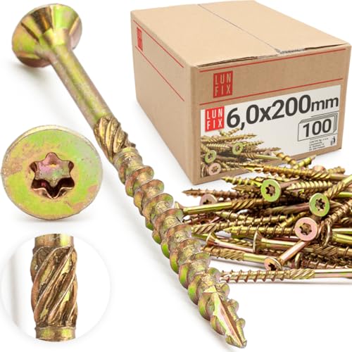 Lun Fix Spanplattenschrauben 6,0x200 mm | 100 Stück | TX30 (I-Stern) - Senkkopf/Fräsrippen | Gelb Verzinkt | Torx Schrauben | Holzschrauben | Universalschrauben | Senkkopfschrauben von Lun Fix