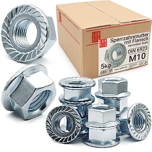 Sperrzahnmutter M10-5Kg (ca.460 Stk.) verzinkter Stahl Flanschmutter DIN 6923 Sechskantmutter mit Flansch und Sperrverzahnung, Muttern für Gewindebolzen, Bundmutter für Gewindestangen Sperrzahnmutter M10-5Kg (ca.460 Stk.) verzinkter Stahl Flanschmutter DIN 6923 Sechskantmutter mit Flansch und Sperrverzahnung, Muttern für Gewindebolzen, Bundmutter für Gewindestangen von Lun Fix