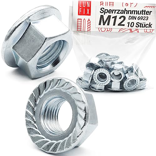 Sperrzahnmutter M12-10 Stück verzinkter Stahl Flanschmutter DIN 6923 Sechskantmutter mit Flansch und Sperrverzahnung, Muttern für Gewindebolzen, Bundmutter für Gewindestangen von Lun Fix