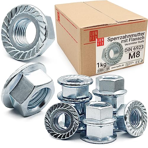 Sperrzahnmutter M8-1Kg (ca.150 Stk.) verzinkter Stahl Flanschmutter DIN 6923 Sechskantmutter mit Flansch und Sperrverzahnung, Muttern für Gewindebolzen, Bundmutter für Gewindestangen von Lun Fix