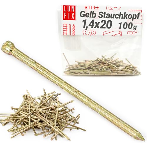 Lun Fix Stahlnägel 1,4 x 20 mm (100g) | Gelb Stauchkopf | Holznägel für Bauarbeiten | Verzinkter Baunägel | Nägel 20mm lang | Drahtstifte Nägel Senkkopf für home decor, DIY, Fotorahmen, crafts von Lun Fix