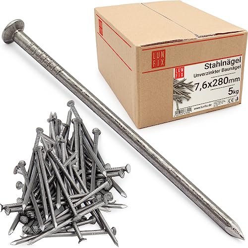Lun Fix Stahlnägel 7,6 x 280 mm - 5kg (ca. 50 stk.) Holznägel für Bauarbeiten Unverzinkte Baunägel Nägel 280mm lang Drahtstifte Nägel Senkkopf blank unverzinkt für Tischlerarbeiten, DIY, crafts von Lun Fix