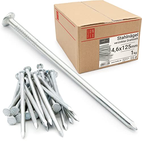 Lun Fix Stahlnägel 4,6 x 125 mm - 1kg (ca. 80 stk.) Holznägel für Bauarbeiten Verzinkter Baunägel Nägel 125mm lang Drahtstifte Nägel Senkkopf blank verzinkt für Tischlerarbeiten, DIY, crafts von Lun Fix