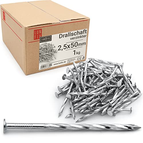 Lun Fix Drallschaft 2,5 x 50 mm - 1kg (ca. 475 stk.) Holznägel für Bauarbeiten verzinkter Baunägel 50mm lang Drahtstifte Nägel Flachkopf für Tischlerarbeiten, Dachkonstruktionen, Zimmerleute von Lun Fix