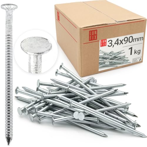 Lun Fix Rillennagel 3,4 x 90 mm - 1kg | Holznägel für Bauarbeiten | verzinkter Baunägel | 90mm lang | Drahtstifte Nägel Flachkopf für Tischlerarbeiten, Dachkonstruktionen, Zimmerleute von Lun Fix