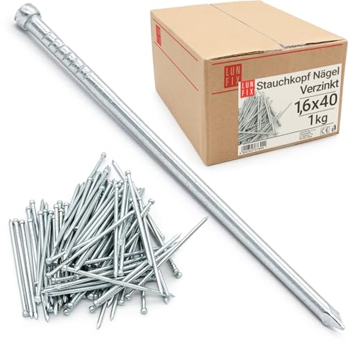 Lun Fix Stauchkopf Nägel 1,6 x 40 mm - 1kg | Holznägel für Bauarbeiten | Verzinkter Baunägel | Stahlnägel 40 mm lang | Drahtstift für Tischler, Möbel, Bilderrahmen, Fotorahmen, DiY, Home Decor, Craft von Lun Fix