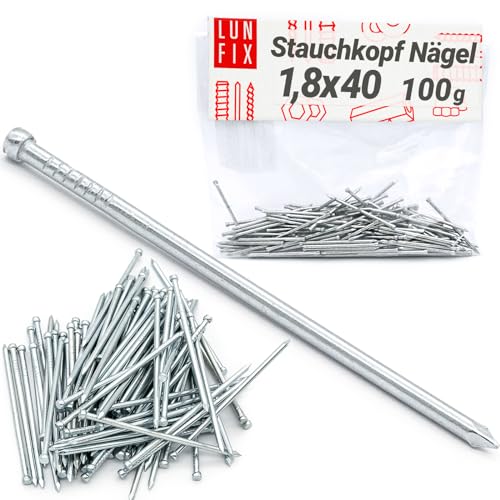 Lun Fix Stauchkopf Nägel 1,8 x 40 mm - 100g (ca. 120 stk.) Holznägel für Bauarbeiten Verzinkter Baunägel Stahlnägel 40mm lang Drahtstift für Tischler Möbel Bilderrahmen Fotorahmen DiY Craft Lun Fix Stauchkopf Nägel 1,8 x 40 mm - 100g (ca. 120 stk.) Holznägel für Bauarbeiten Verzinkter Baunägel Stahlnägel 40mm lang Drahtstift für Tischler Möbel Bilderrahmen Fotorahmen DiY Craft von Lun Fix