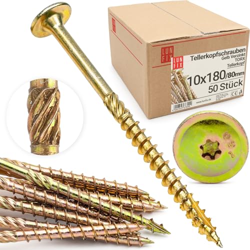 Lun Fix Tellerkopfschrauben 10x180 mm | 50 Stück | TX40 |Tellerkopf/Fräsrippen | Gelb Verzinkt | Torx Schrauben | Holzschrauben | Flachkopfschrauben Holz | Konstruktionsschrauben | von Lun Fix